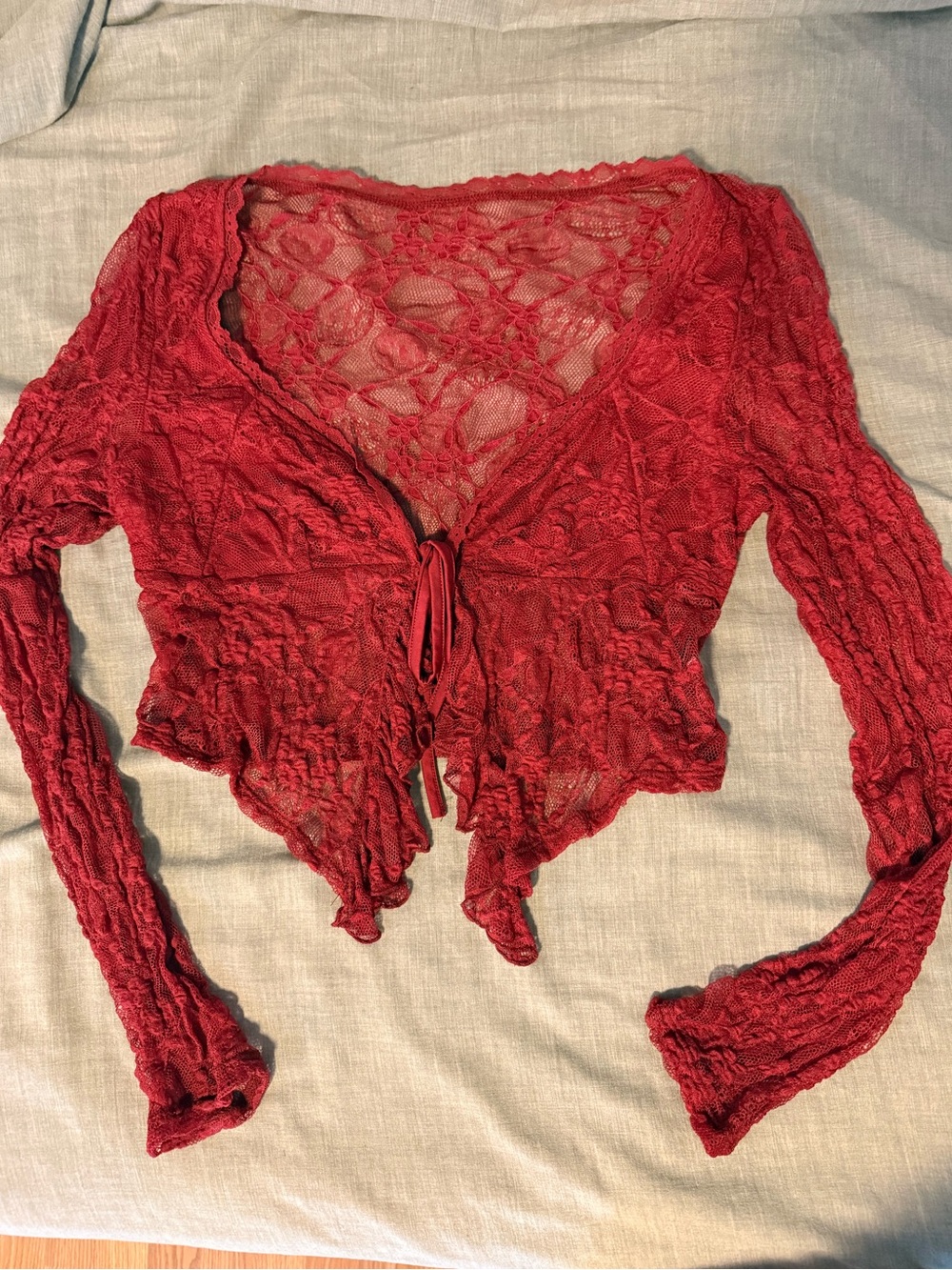 SHEIN Red Lace Tie-Front Cropped Cardigan